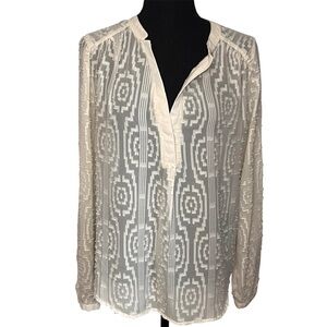 Buttons Textured Geometric Sheer Blouse Sz M Cream Ivory V Neck Long Sleeve